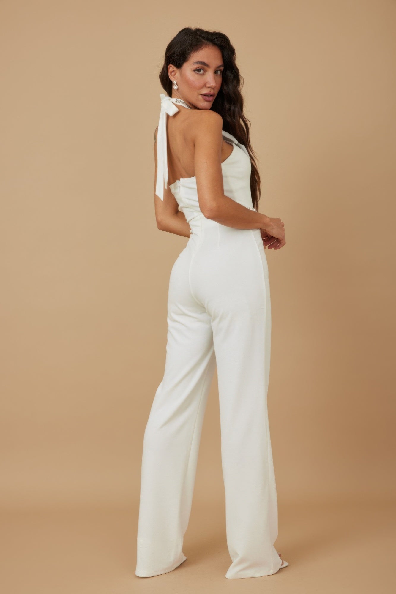Rhinestone Ribbon Haltered Neck Jumpsuit           