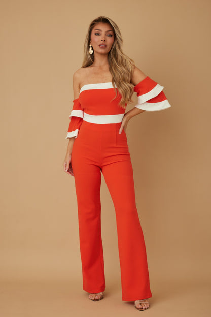 Off Shoulder Black N White Color Combo Jumpsuit          