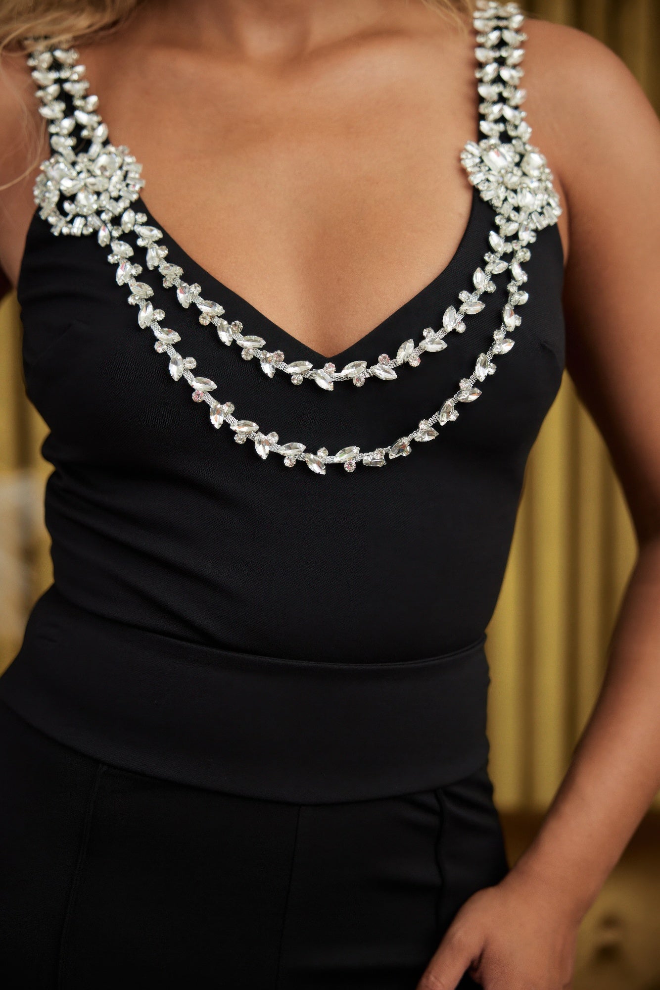 Layered Crystal Stone Strap Bodysuit       