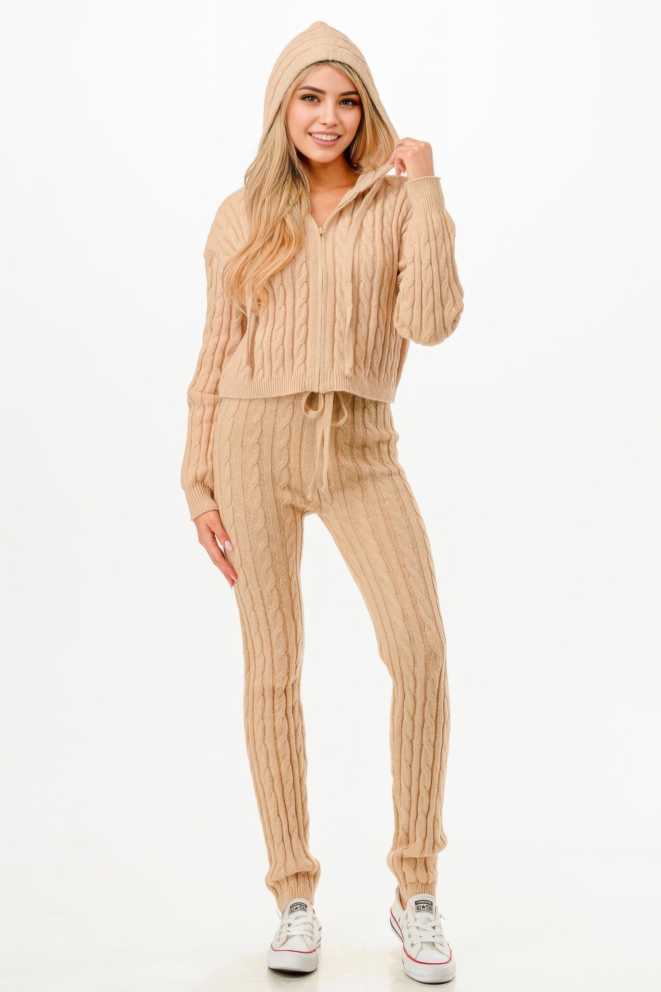 Cable Hoodie Sweater 2pcs Set    