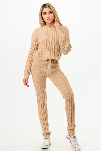Cable Hoodie Sweater 2pcs Set    
