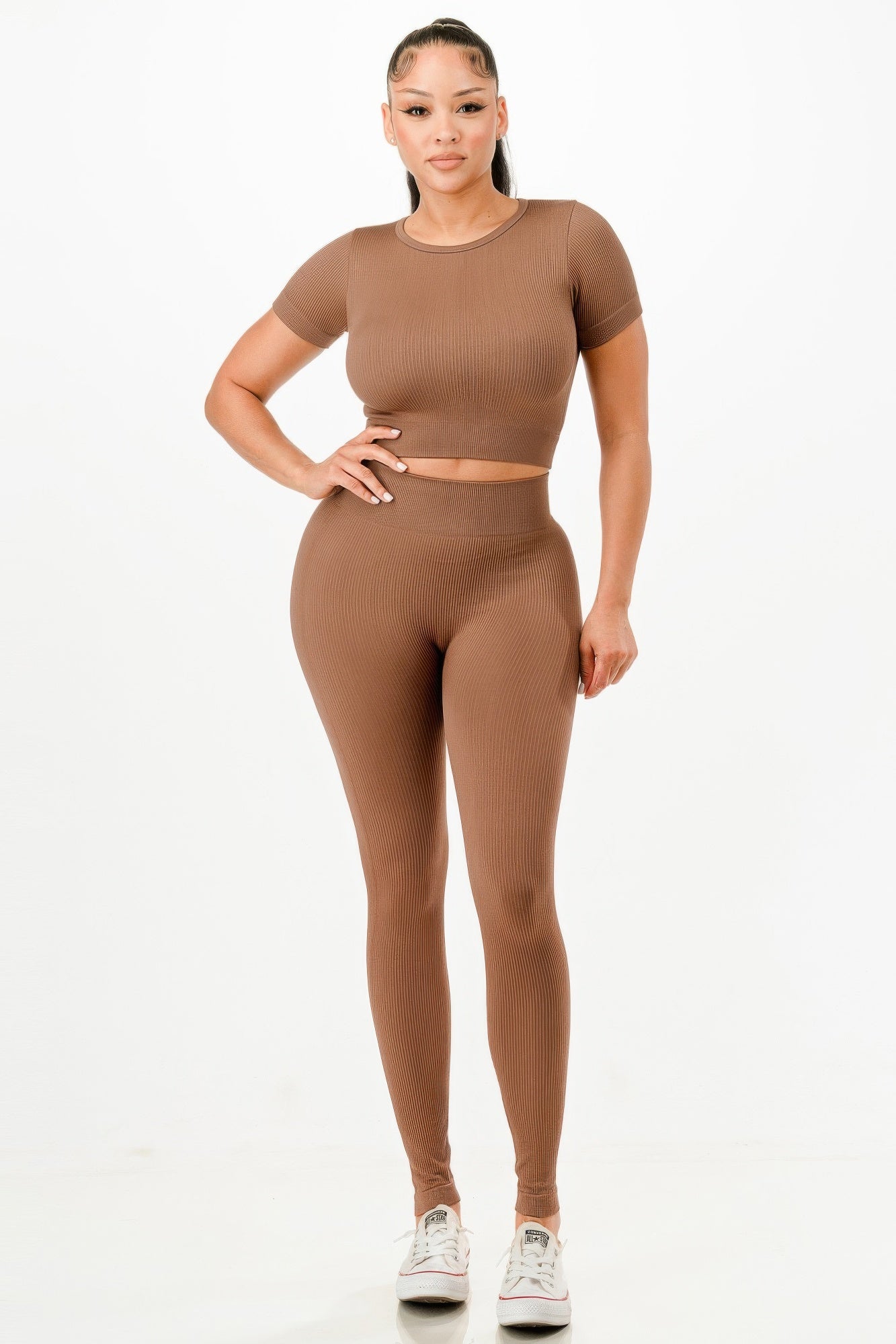 Ribbed Seamless T-shirt And Leggings Set            
