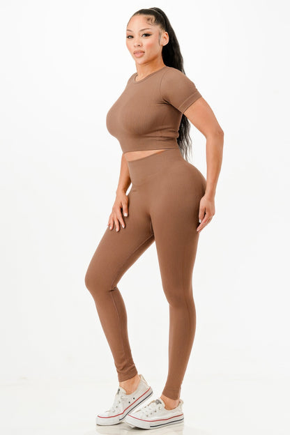 Ribbed Seamless T-shirt And Leggings Set            