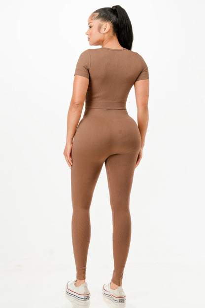 Ribbed Seamless T-shirt And Leggings Set            