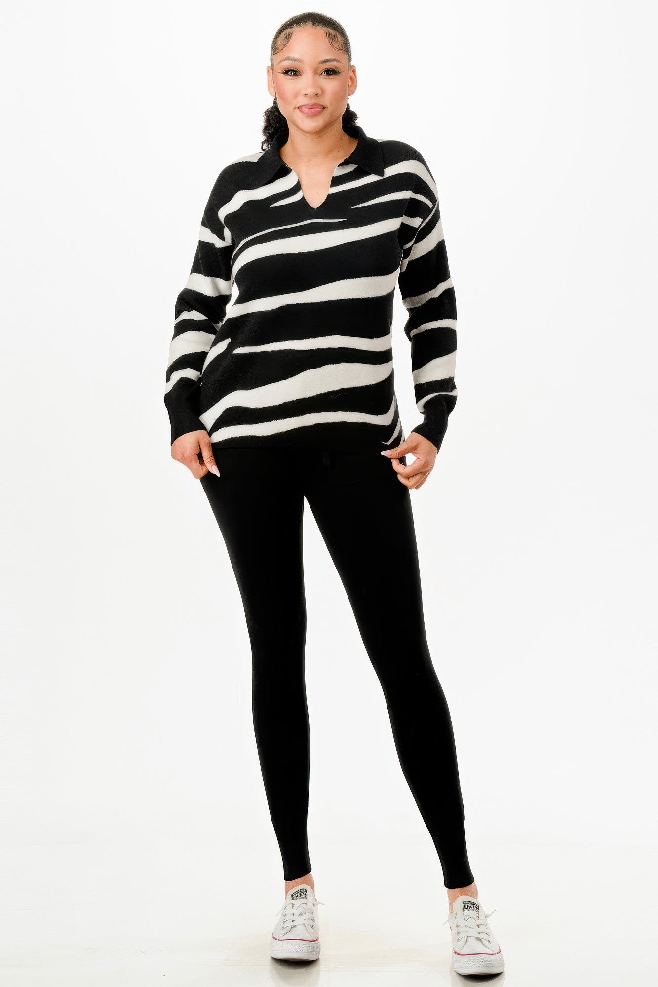 Pullover Collared V-neck Sweater Top And Pant Set            