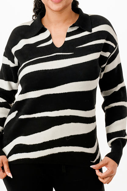 Pullover Collared V-neck Sweater Top And Pant Set            