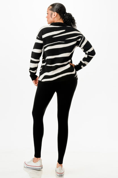 Pullover Collared V-neck Sweater Top And Pant Set            