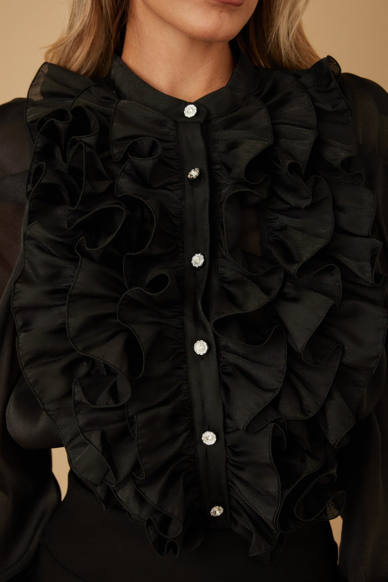 Ruffle Micro Crystal Long Sleeve Blouse