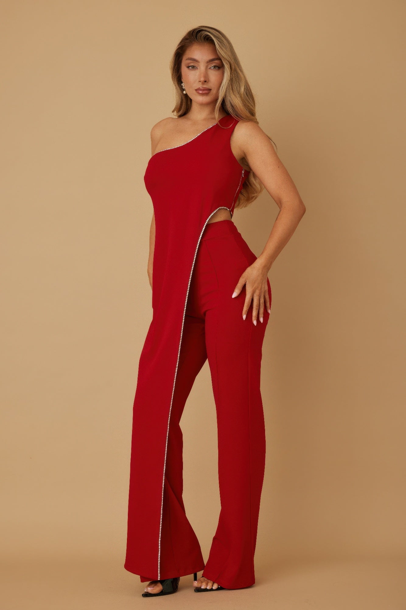 One Shoulder Strap Draped Layer W Rhinestone Sets