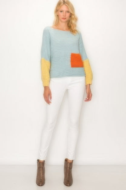 Boat Neckline Color Block Sweater       
