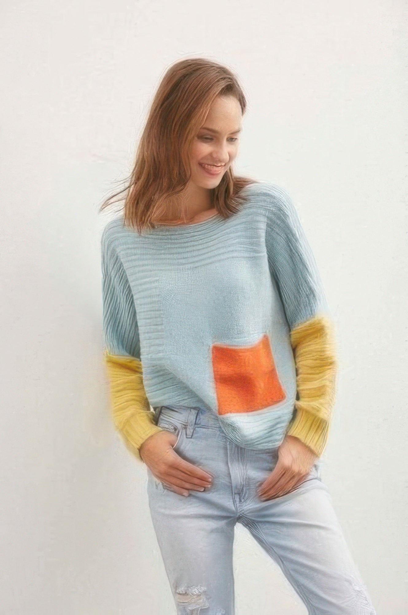 Boat Neckline Color Block Sweater       