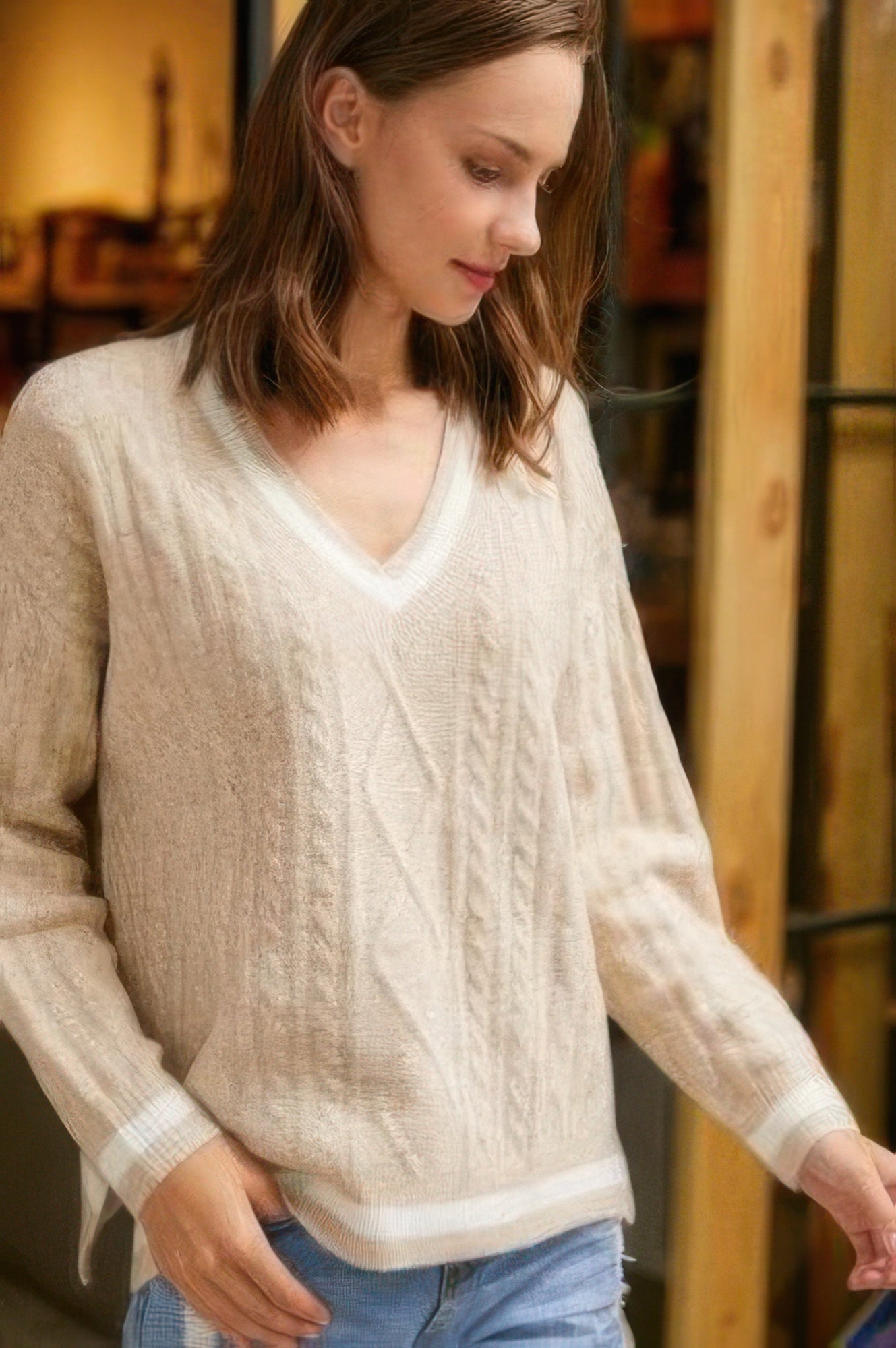 Braid Knit V Neck Sweater              