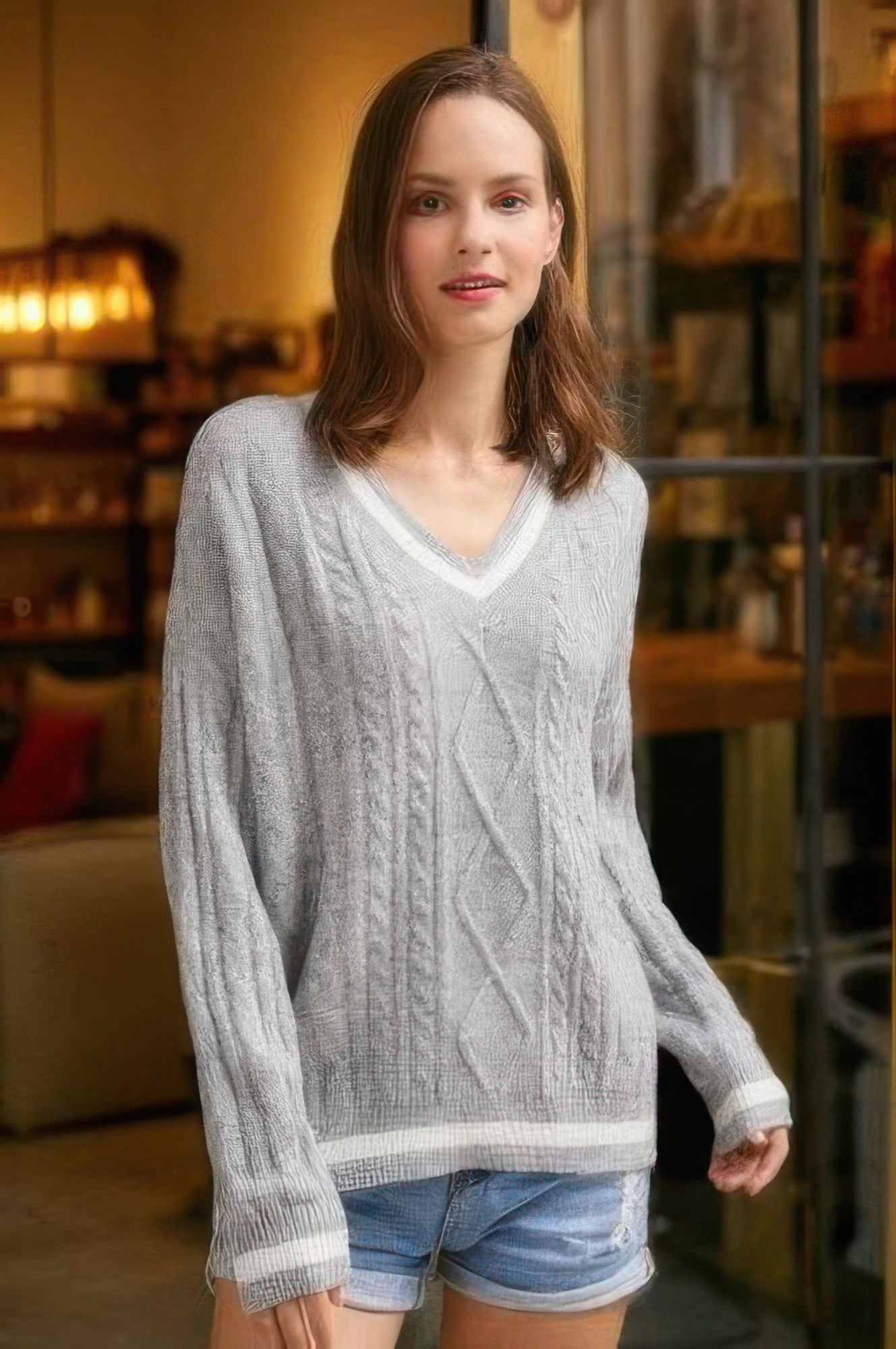 Braid Knit V Neck Sweater              