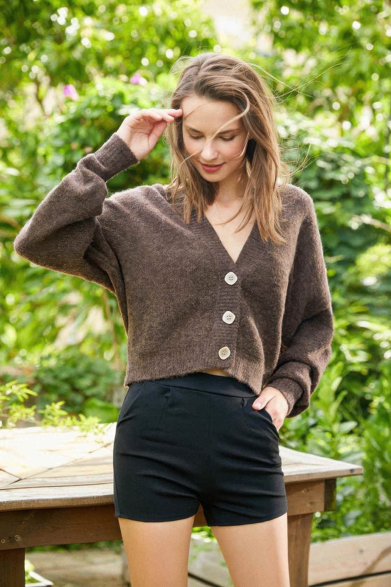 Low V-neck Button Sweater Top       
