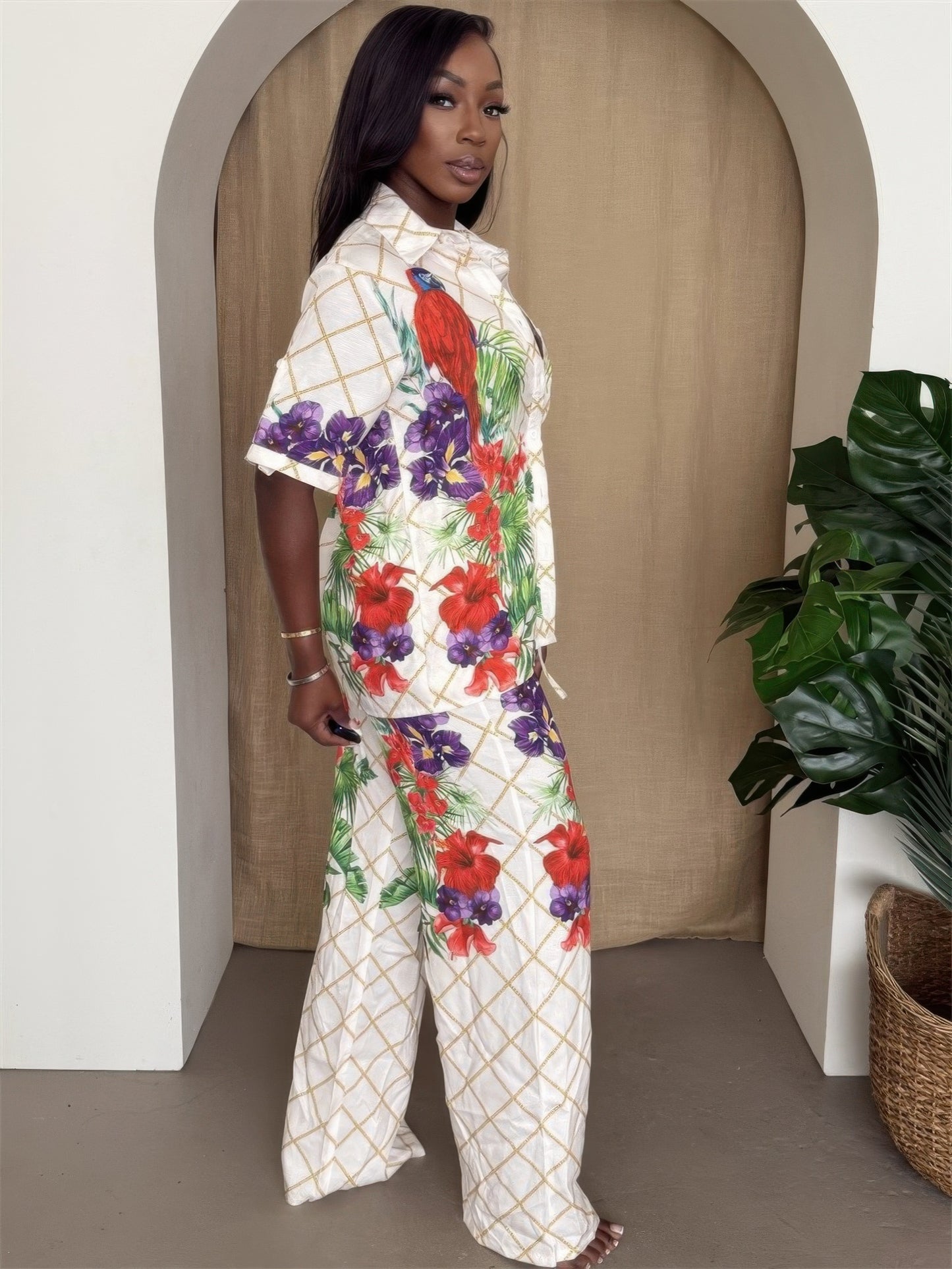 Tropical Parrot Print Shirt & Pant Set         