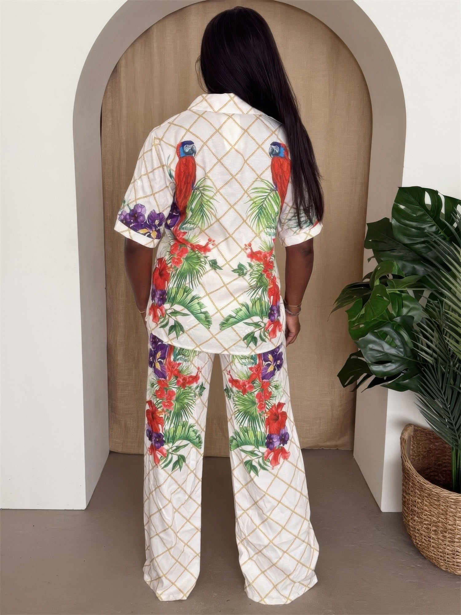 Tropical Parrot Print Shirt & Pant Set         