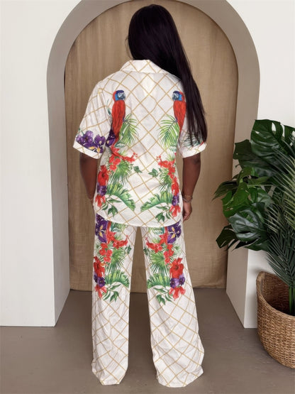 Tropical Parrot Print Shirt & Pant Set         