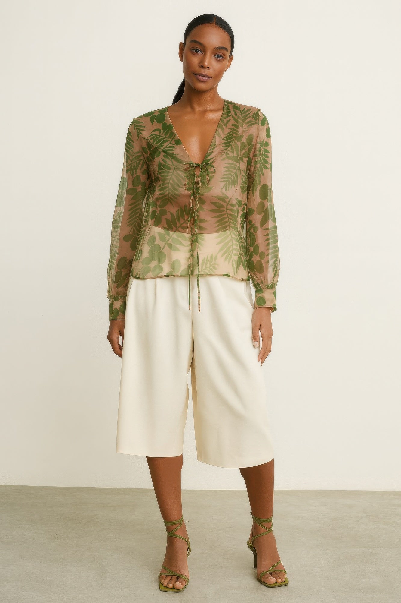 Leaf Printed Sheer Blouse      
