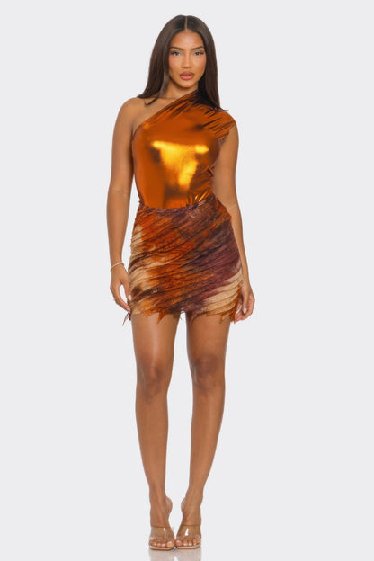 Metallic One Shoulder Bodysuit & Mini Skirt Set             