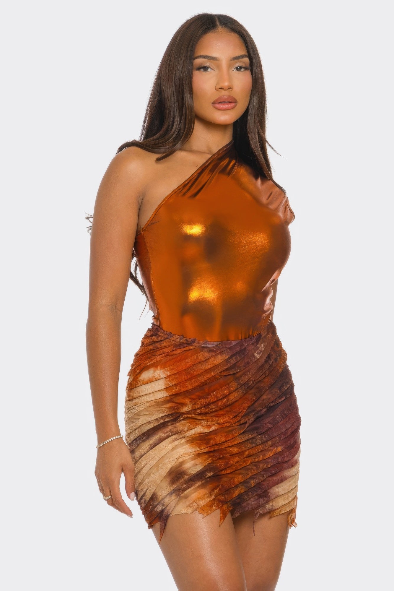Metallic One Shoulder Bodysuit & Mini Skirt Set             