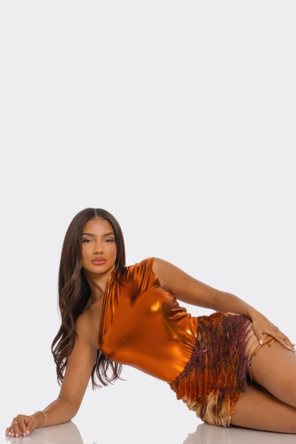 Metallic One Shoulder Bodysuit & Mini Skirt Set             