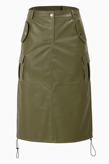 Pu Side Pockets Midi Skirt      