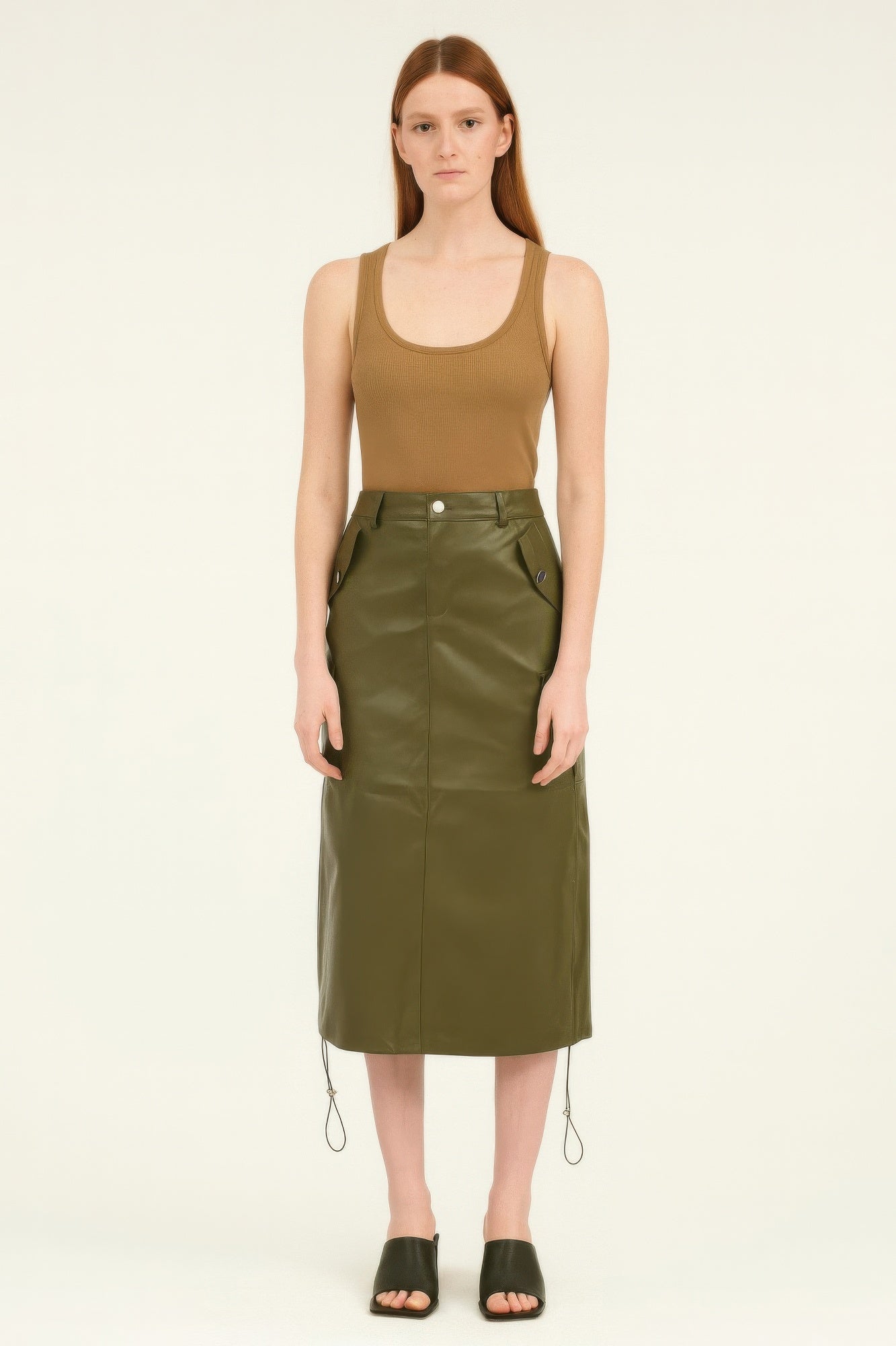 Pu Side Pockets Midi Skirt      