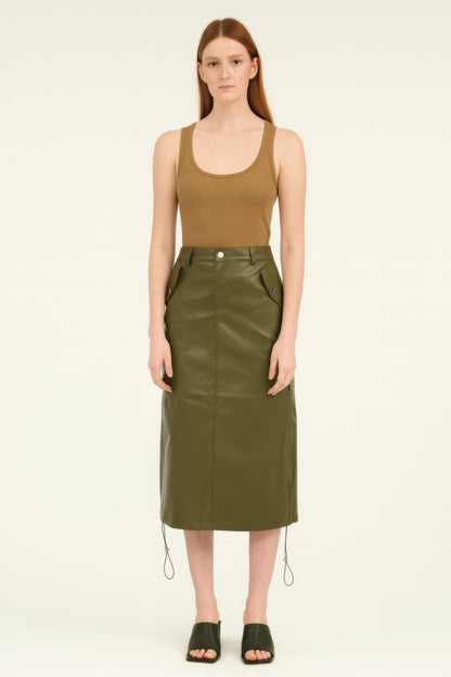 Pu Side Pockets Midi Skirt      