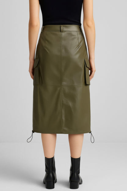 Pu Side Pockets Midi Skirt      