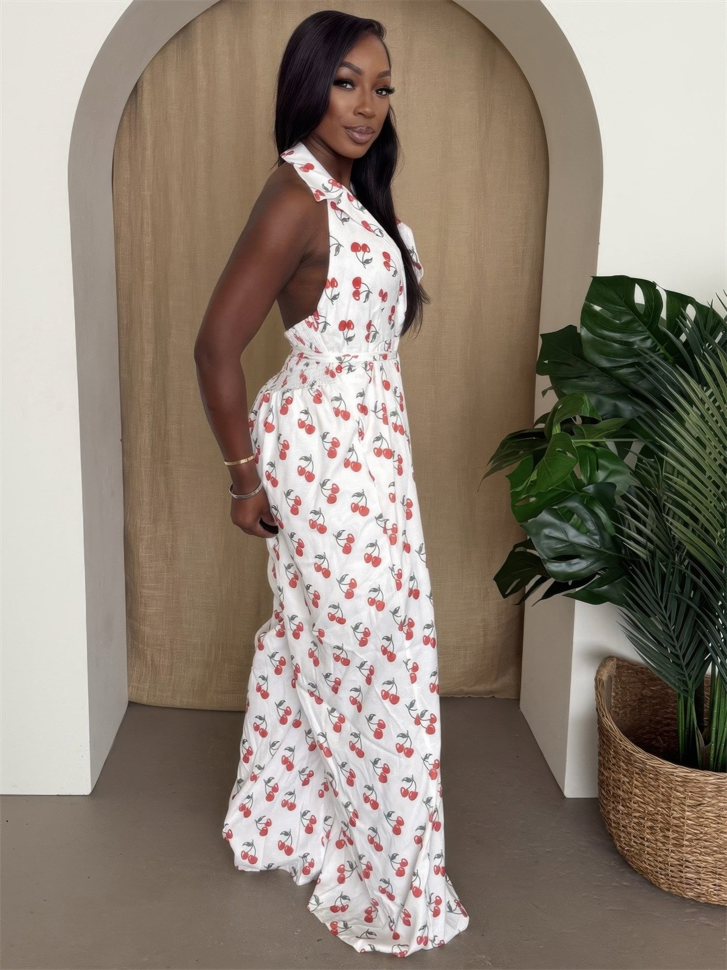 Cherry Print Halter Wide-leg Jumpsuit        