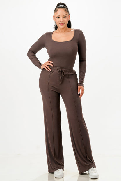 Long Sleeve Ribbed Bodysuit And Pants Set          