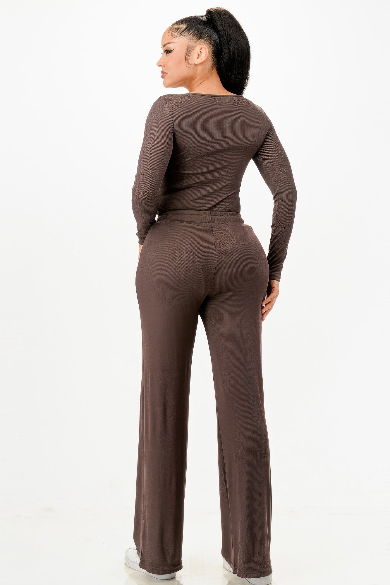 Long Sleeve Ribbed Bodysuit And Pants Set          