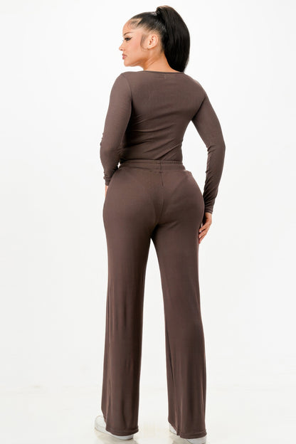 Long Sleeve Ribbed Bodysuit And Pants Set          