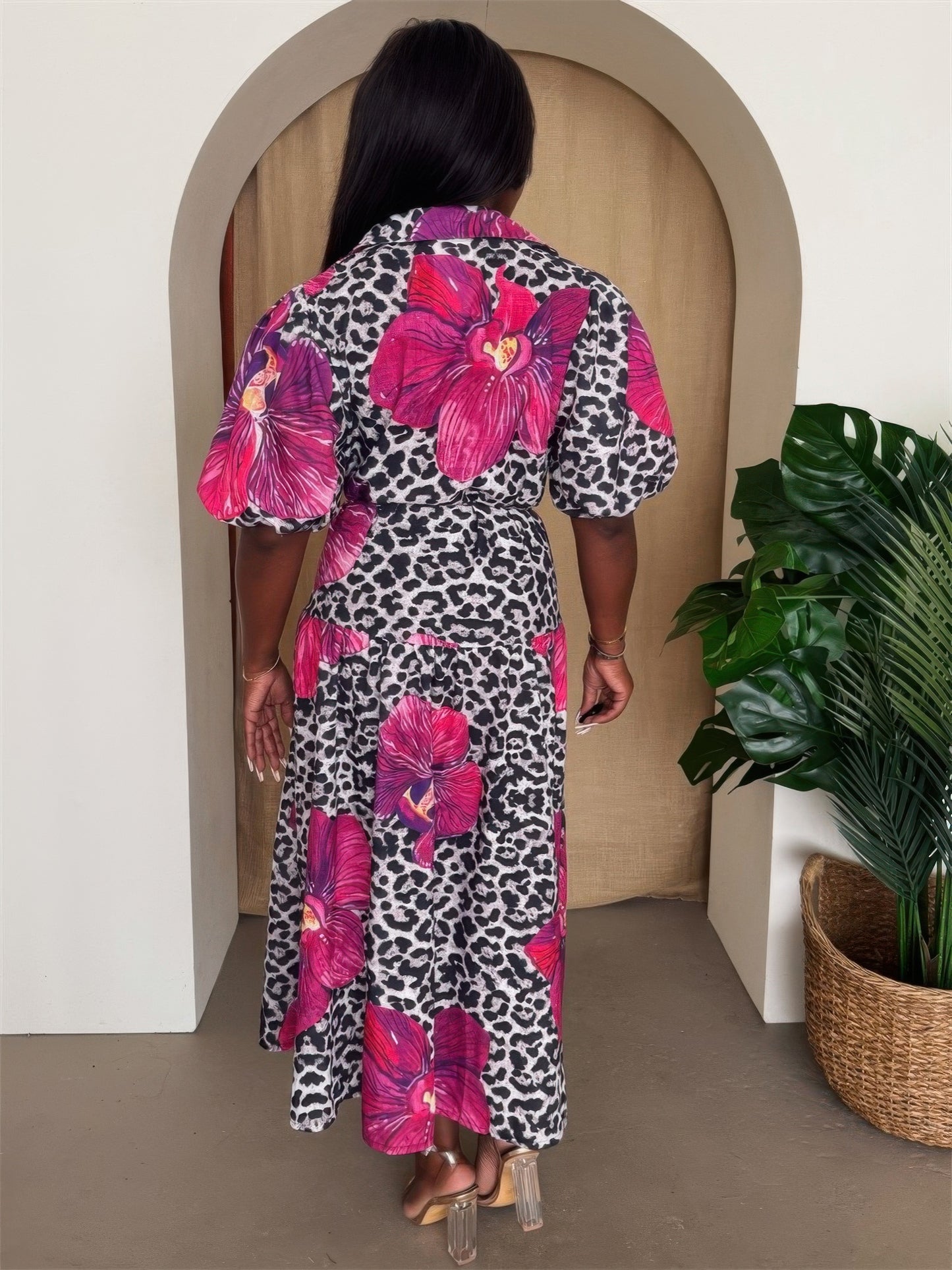 Orchid Pop Puff Sleeve Midi Resort Dress            