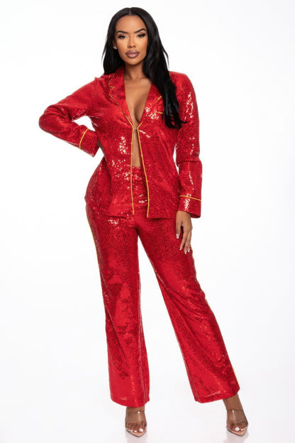 Sequin Collared Two Piece Set        