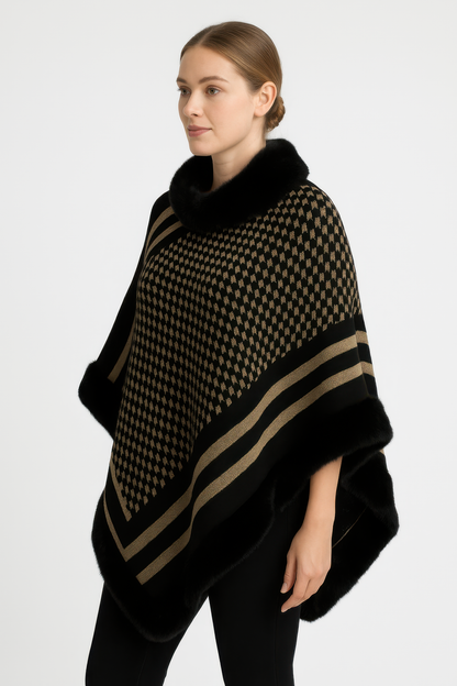 Patterned Knit Poncho With Faux Fur Trim