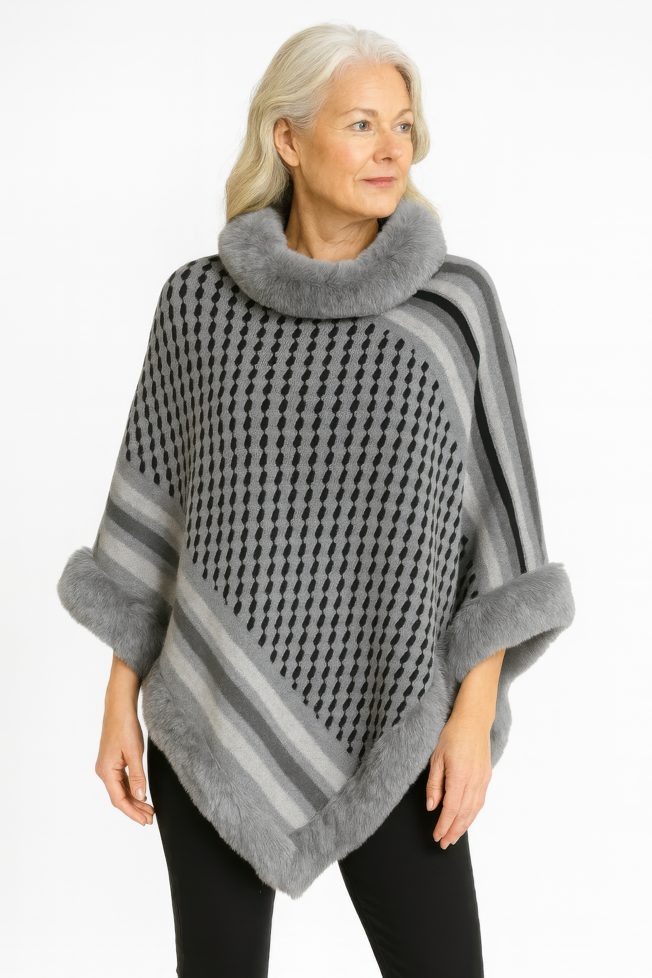 Patterned Knit Poncho With Faux Fur Trim
