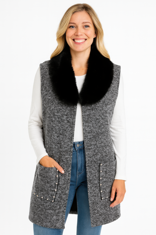Sleeveless Wool-blend Vest With Faux Fur Collar