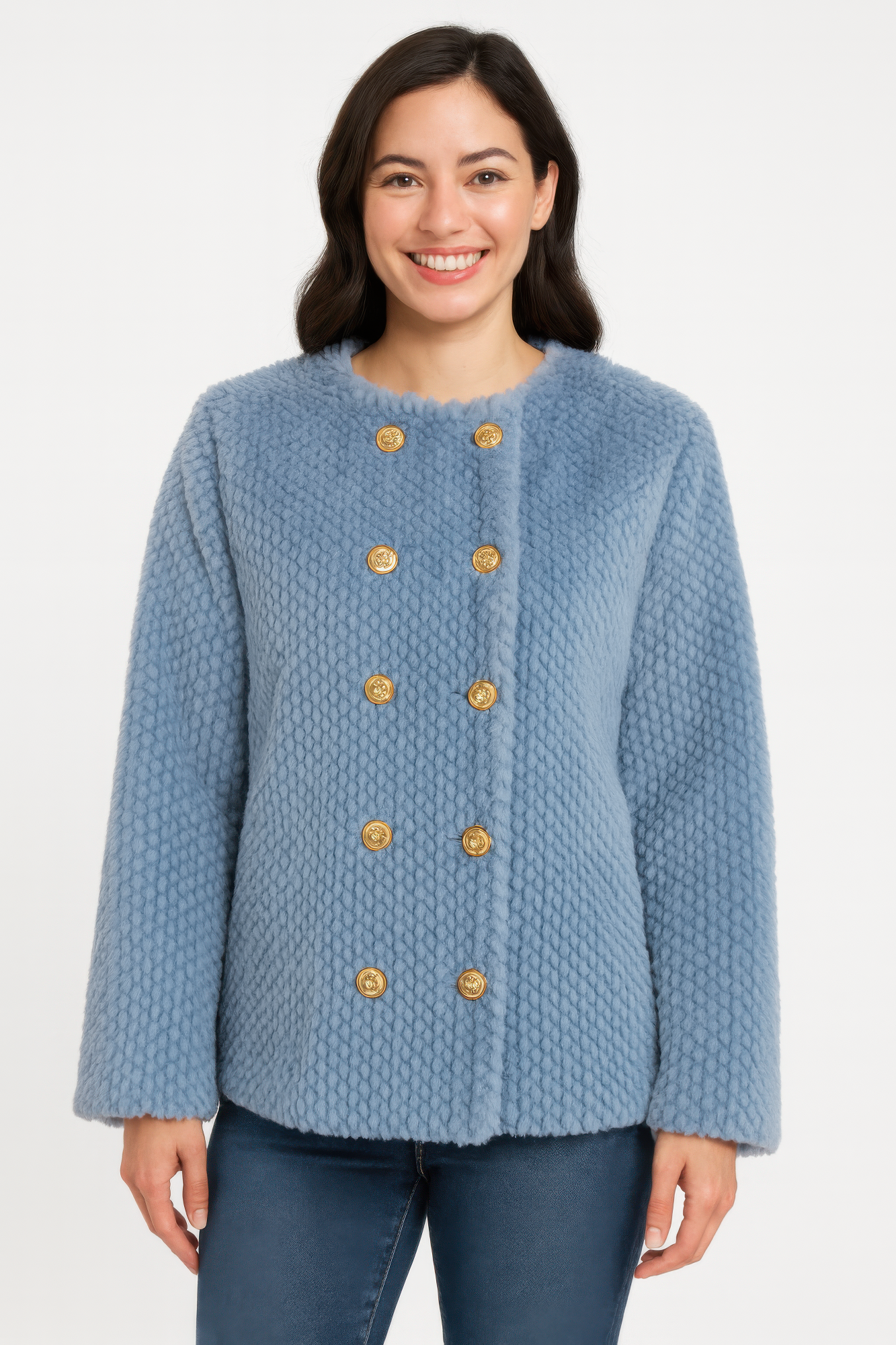Textured Double-breasted Faux Shearling Jacket