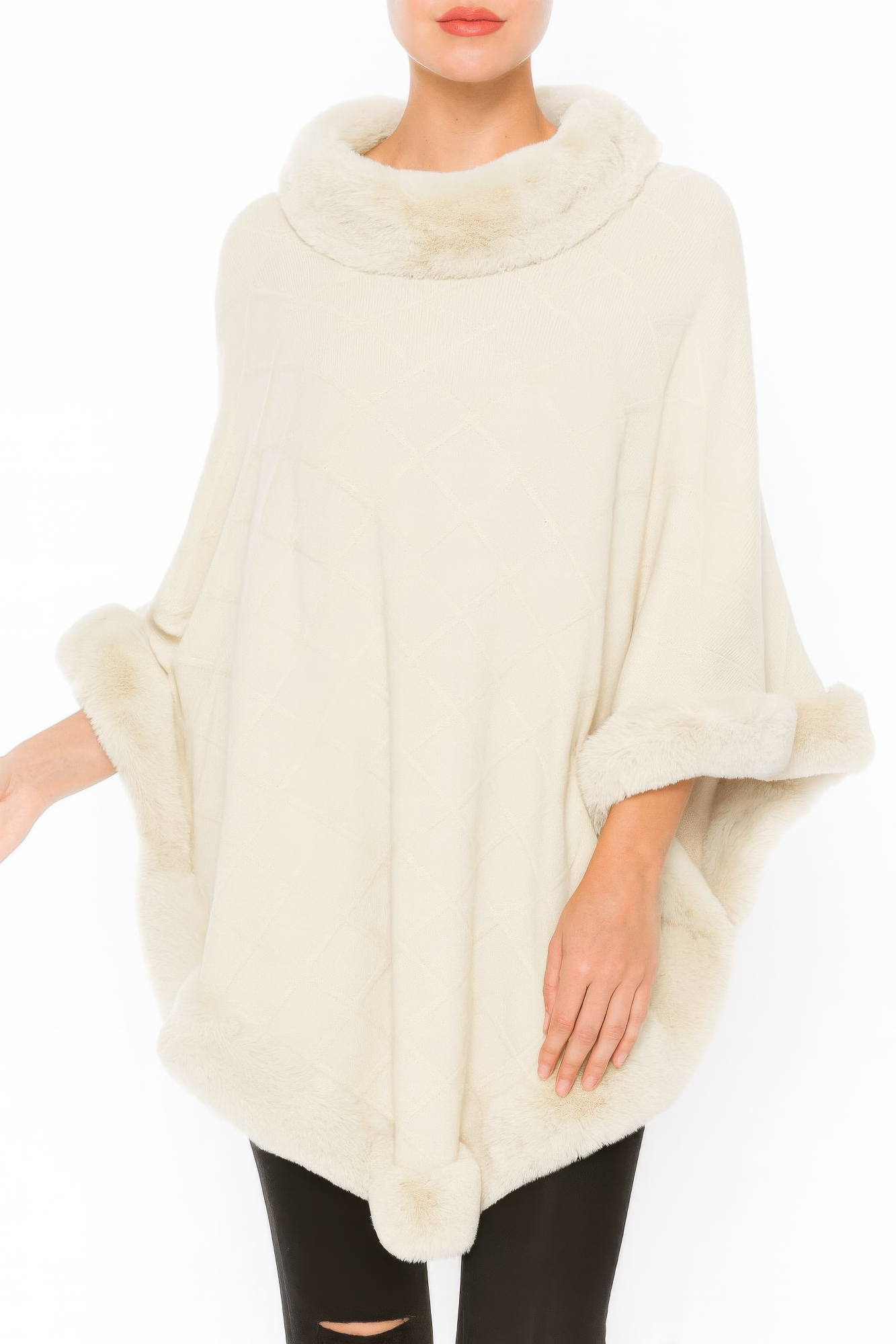 Classic Black Poncho With Faux Fur Trim