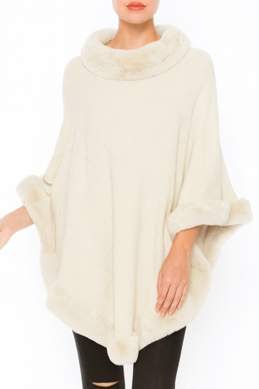 Classic Black Poncho With Faux Fur Trim