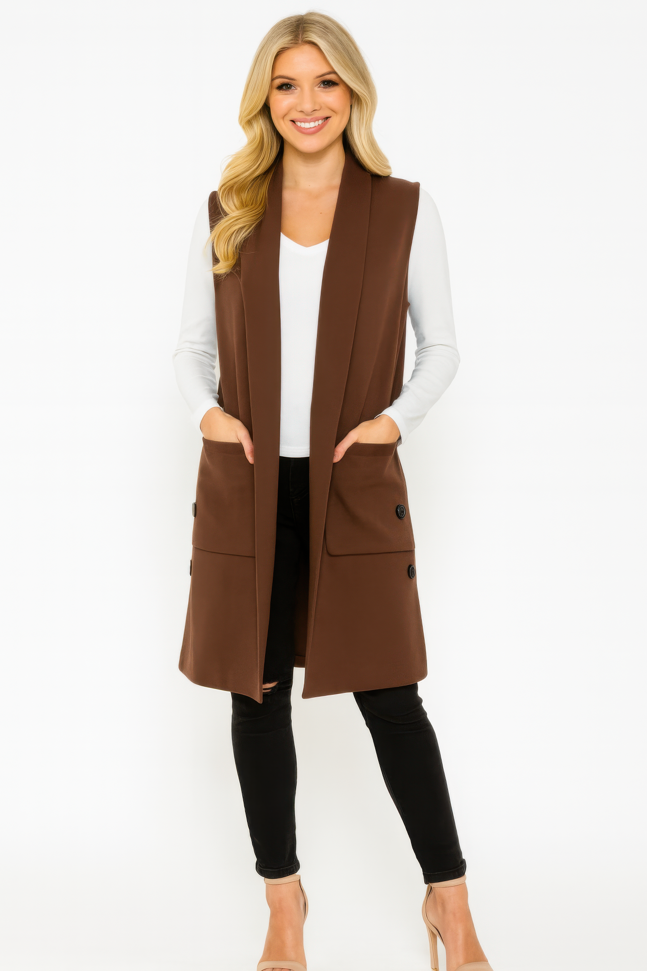 Structured Sleeveless Longline Vest With Pockets