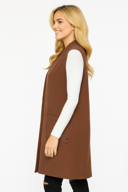 Structured Sleeveless Longline Vest With Pockets