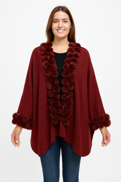 Open-front Cape With Pom Faux Fur Trim