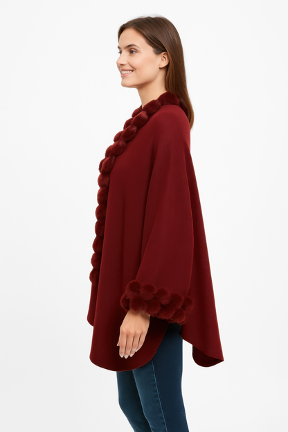 Open-front Cape With Pom Faux Fur Trim