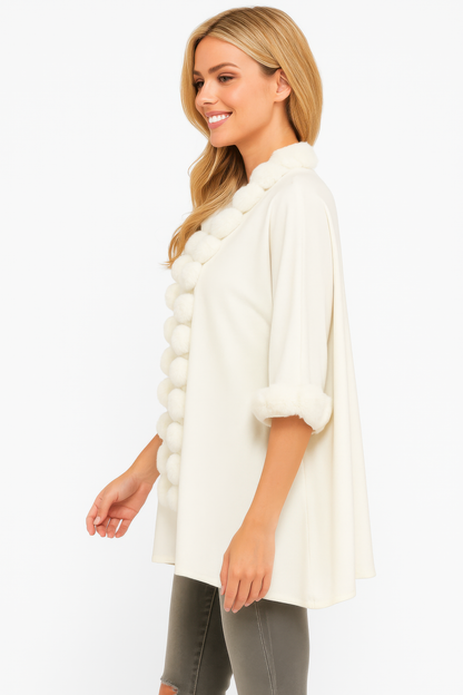 Open-front Cape With Pom Faux Fur Trim