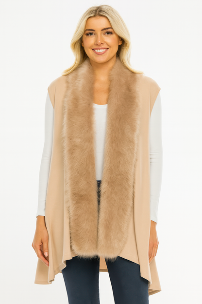 Sleeveless Drape Vest With Faux Fur Trim In Camel