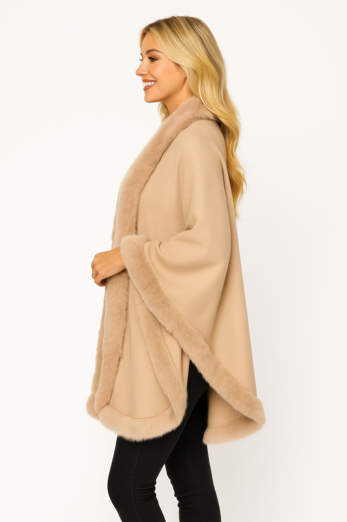 Camel Faux Fur Trim Open-front Cape Wrap