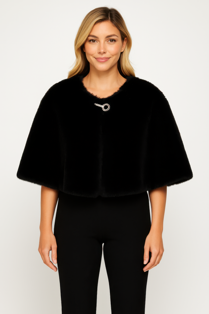 Faux Fur Cropped Cape With Jeweled Clasp In Black