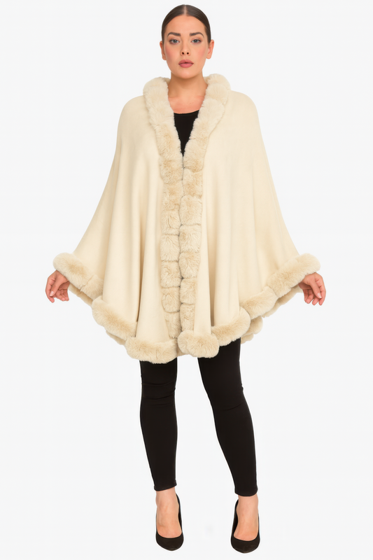 Faux Fur Trim Hooded Cape Wrap